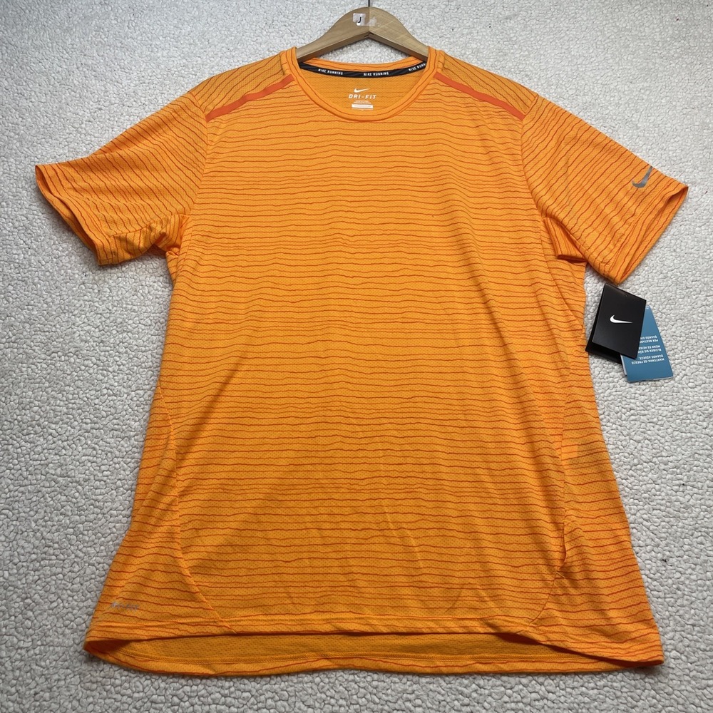 Nike Running Shirt Mens L Orange Striped Dri-Fit Short Sleeve Performance Tee